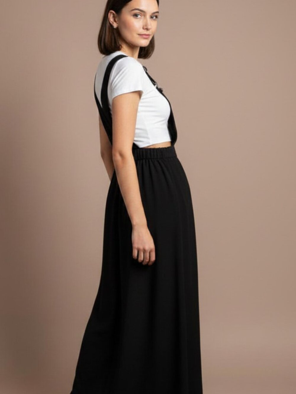 Anthropologie Sans Souci Overall Maxi Dress Apron Bib Pinafore Black Chiffon MED - Picture 2 of 9